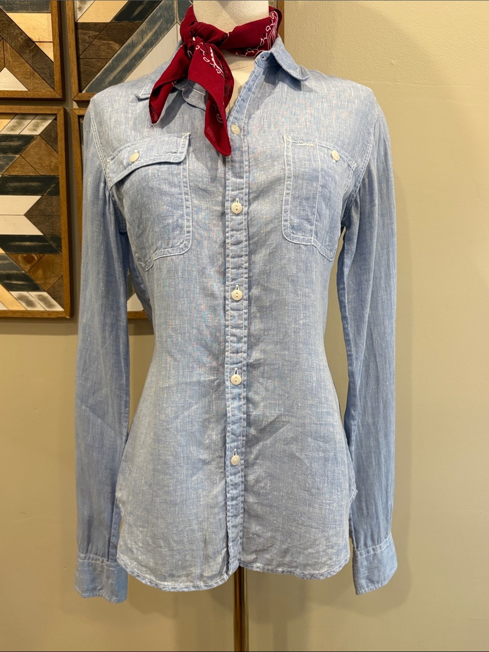 Vintage Ralph Lauren Y2K Light Blue Linen Button Down Top size 8